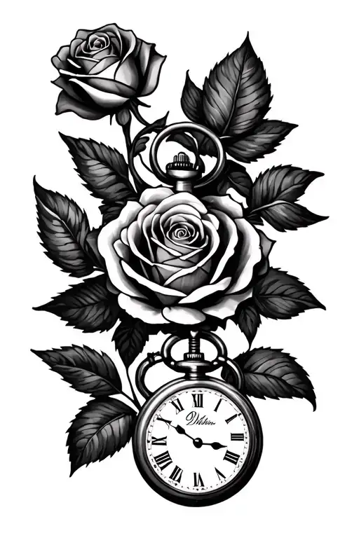 roses, open pocket watch, daughter tattoo design idea