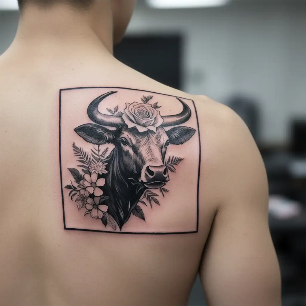 New Zealand bull's head one side enveloped by a rose, chrynsanthemum, daffodil, delphininium, NZ fern tattoo design idea