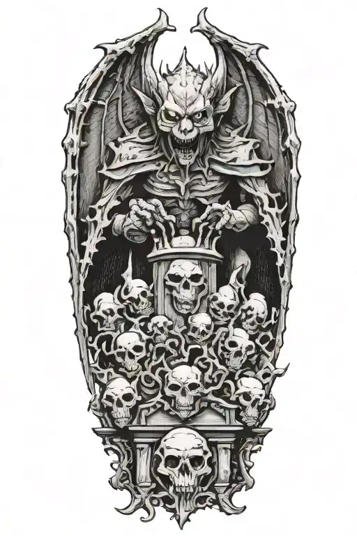 A bat gargoyle covered in blood. Standing on a pile of small skulls. Temple of Sharr, Myrkul, occultism, tortured souls tattoo design idea