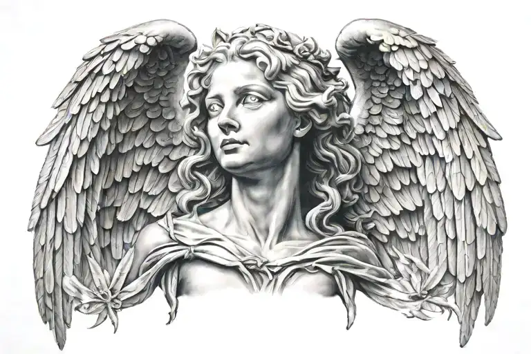 angel statue and wings wrapped tattoo design idea
