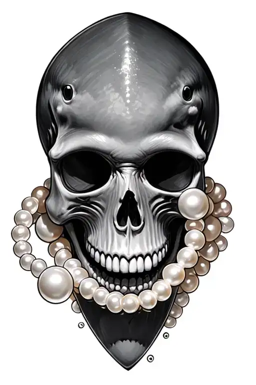 skull with pearls and shark swimming tattoo design idea