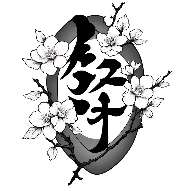 cherry blossom branch wrapped around shoulder with kaizen japanese symbol on front delt tattoo design idea