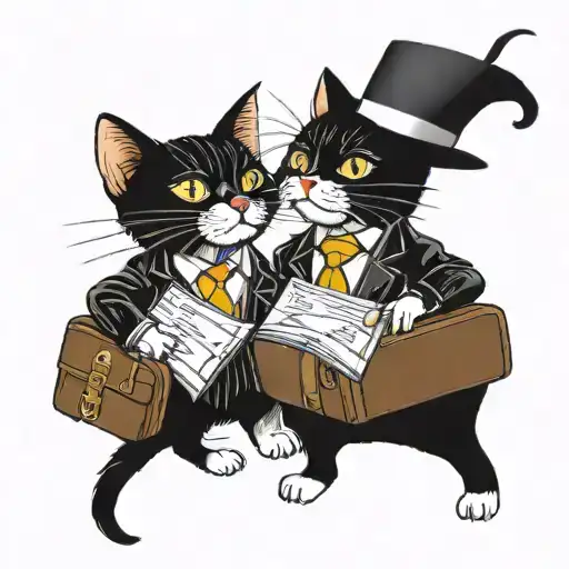 A whimsical tattoo design of your two black cats, Funyuns and Mango, dressed in business suits and holding briefcases to represent your finance and Marriott occupation tattoo design idea