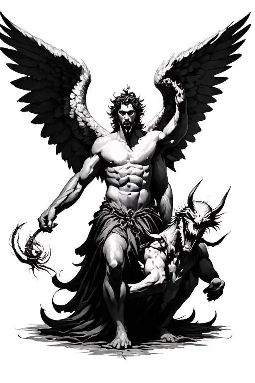 angel Gabriel fighting demon tattoo design idea
