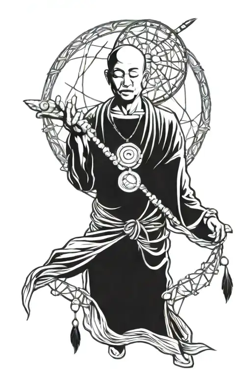 Buddhist with dream catcher very detailed tattoo design idea