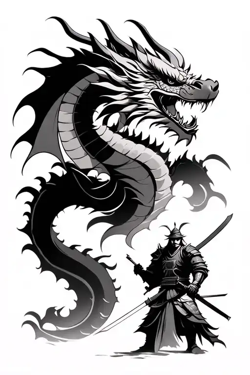 Dragon guarding temple with samurai warrior at bottom wielding sword in asian/japanese style in black in grey tattoo design idea