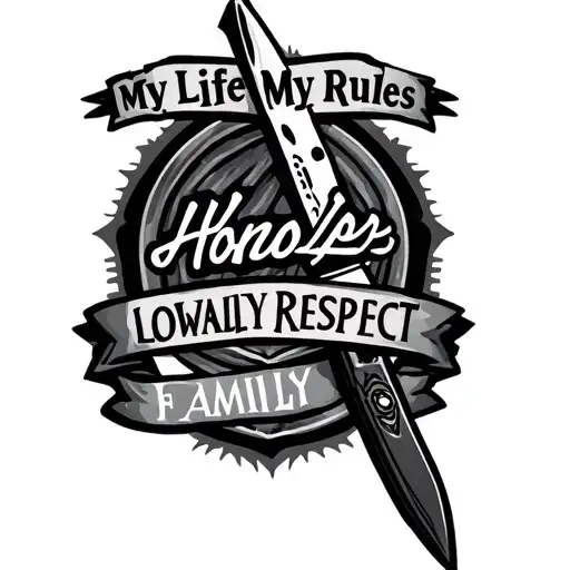 knife, my life, my rules, honor respect loyalty family, banner tattoo design idea