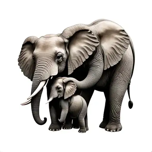 portrait style, two realistic looking elephants, (Mom and baby) With their trunks in a hug tattoo design idea