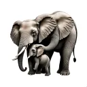 portrait style, two realistic looking elephants, (Mom and baby) With their trunks in a hug tattoo design idea