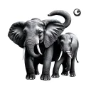 portrait style, two realistic looking elephants, (Mom and baby) With their trunks in a hug tattoo design idea