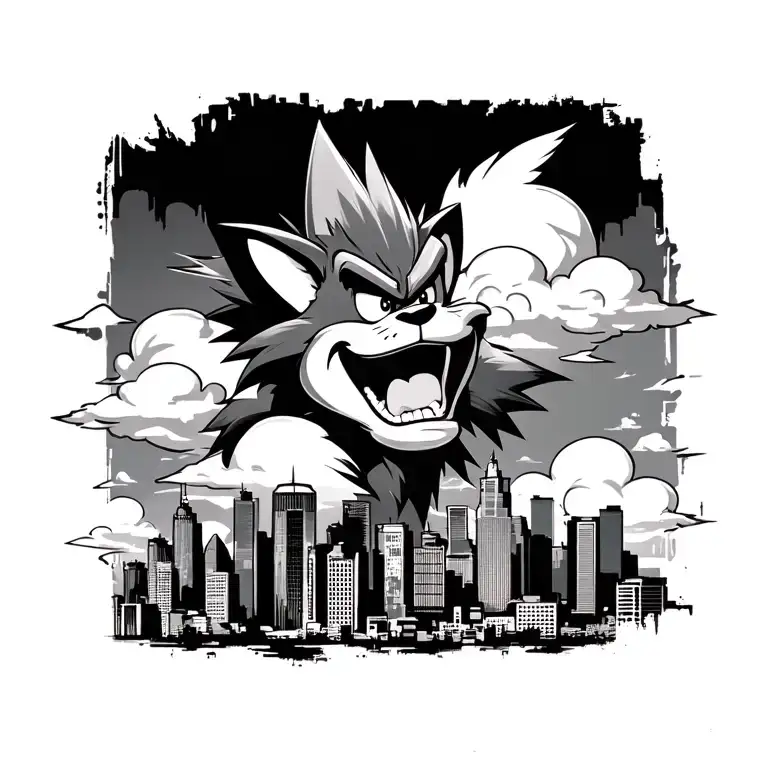 baltimore skyline in graffiti style with crash bandicoot laughing in the clouds above the skyline tattoo design idea