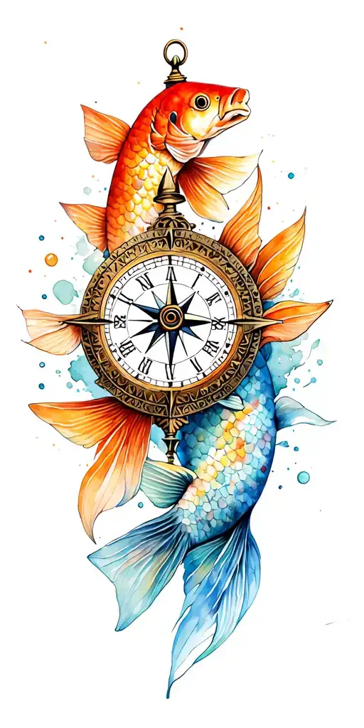 compass and clock and carp fish tattoo design idea