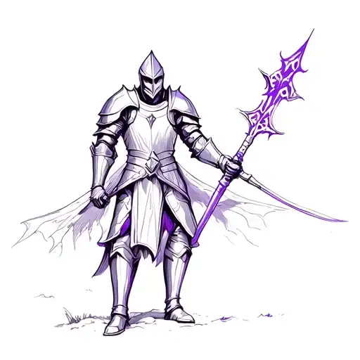 dark horror fantasy medieval knight in [bronze armor with violet accents] in dark horror fantasy medieval village, dark  tattoo design idea