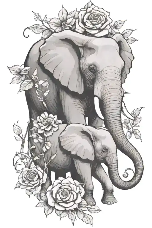 mama elephant we with baby elephant with flowers tattoo design idea