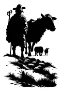 A winding path starting from the wrist with a shepherd’s staff standing tall in the middle. Silhouettes of sheep walking tattoo design idea