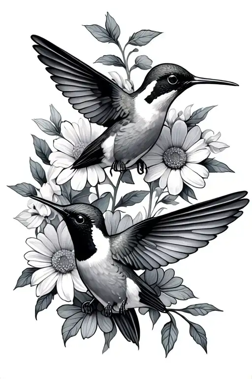 Half-sleeve, two hummingbirds in flight, asters and violets, black and grey, detailed, not bold nor dainty, badass, cute tattoo design idea