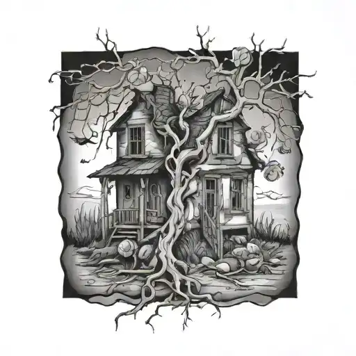 Abandoned ruined old house, roses, tree roots tattoo design idea
