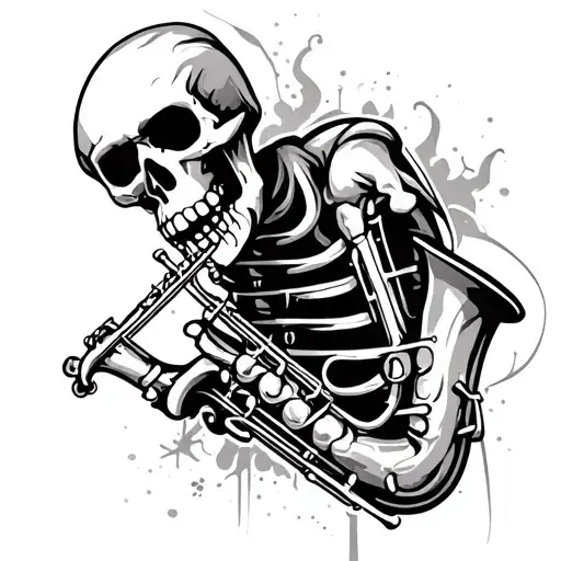skeleton playing the baritone saxophone surrounded tattoo design idea