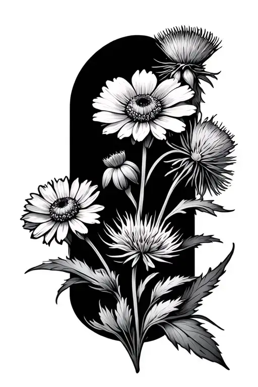2 columbine flowers, thistle flower and 3 calendula flowers growing tattoo design idea