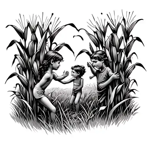 kids playing in a field of corn tattoo design idea