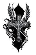 cross and wings scroll tattoo design idea