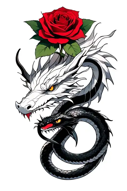 A red rose in the center, a black snake and a white dragon tattoo design idea