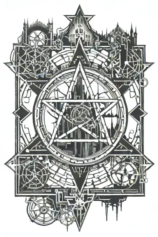 inverted pentagram with gothic castles behind it  tattoo design idea