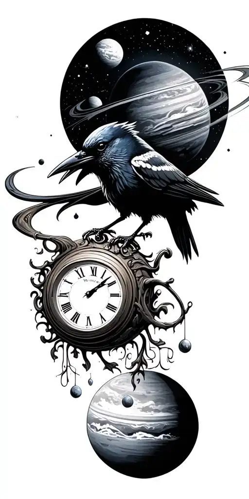 black out space background, planets, crow, time piece tattoo design idea