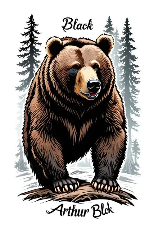 Brown bear with a background of a sequoia forest and the first name Arthur tattoo design idea
