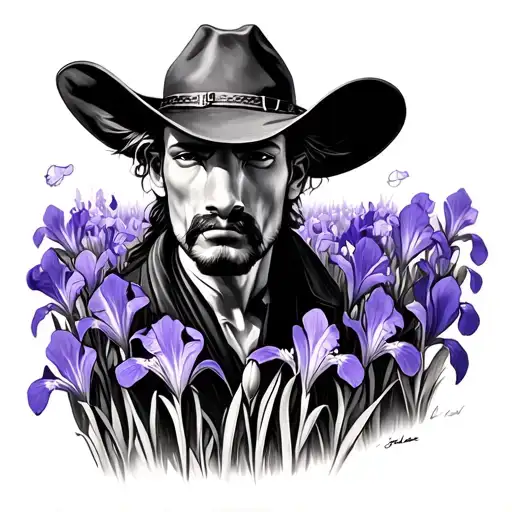 cowboy samari in a field of purple Iris flowers from a distance  tattoo design idea