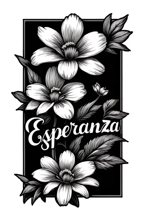 The name Esperanza with 2 small flowers  tattoo design idea