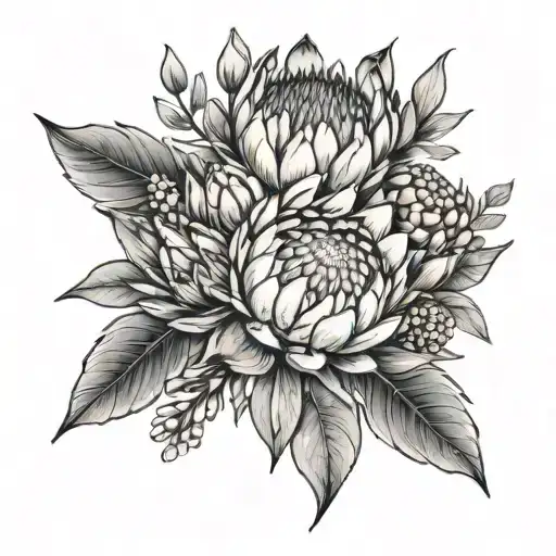 protea, Waratah, clematis, heath flower bouquet with gum leaves  tattoo design idea