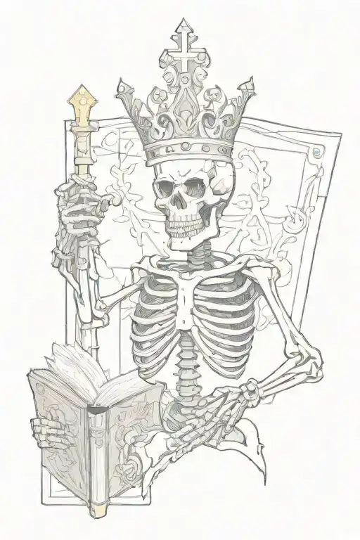 a skeleton with a crown and holds a cross in one hand and a book in the other tattoo design idea
