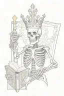 a skeleton with a crown and holds a cross in one hand and a book in the other tattoo design idea