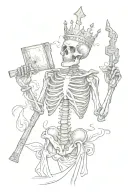 a skeleton with a crown and holds a cross in one hand and a book in the other tattoo design idea