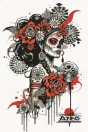 Aztec princess with sugar skull surrounded tattoo design idea