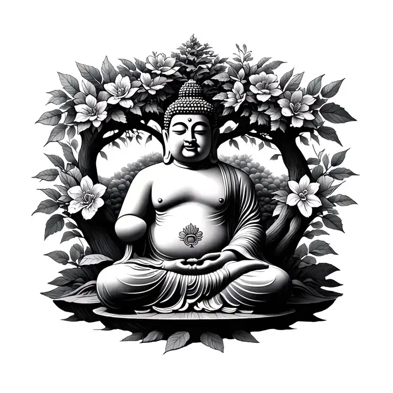 Sitting fat Buddha the front of Goddhi tree,  Walter around it, some flowers and the leafs are buddhist learnings tattoo design idea