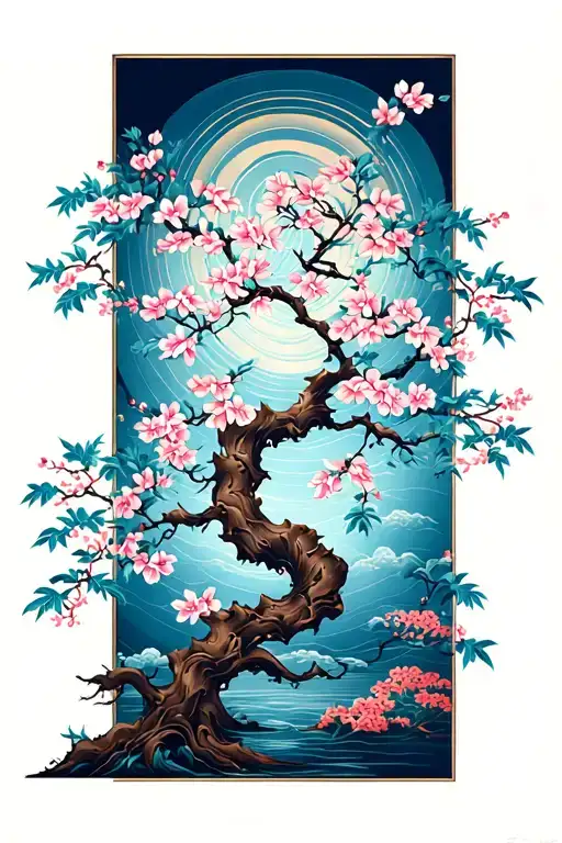 cherry blossom tree with spiral background  tattoo design idea