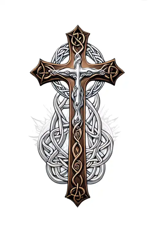 christian cross with celtic symbols tattoo design idea
