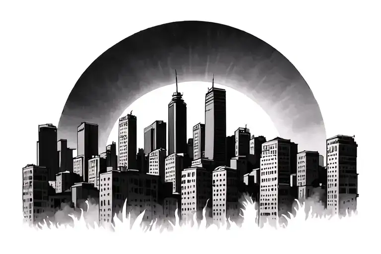 Skyline buildings and a big japanese sun rising tattoo design idea