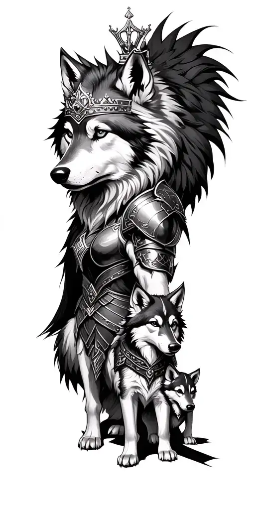 female wolf with a crown on her head and dressed in warrior armor on half body.  there are also two wolf pups tattoo design idea