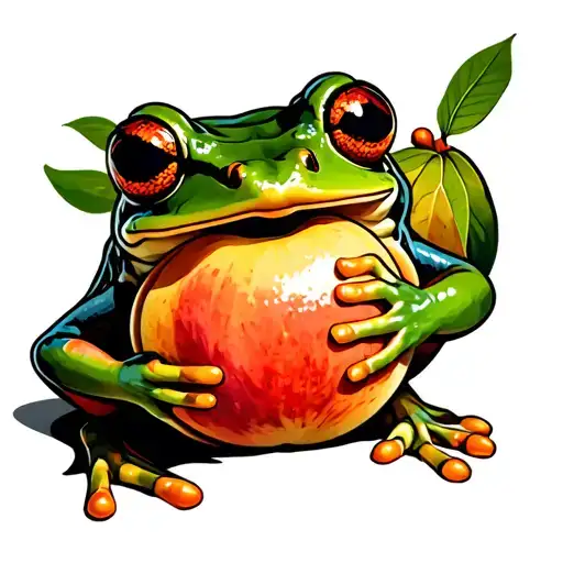 Frog holding a peach fruit tattoo design idea