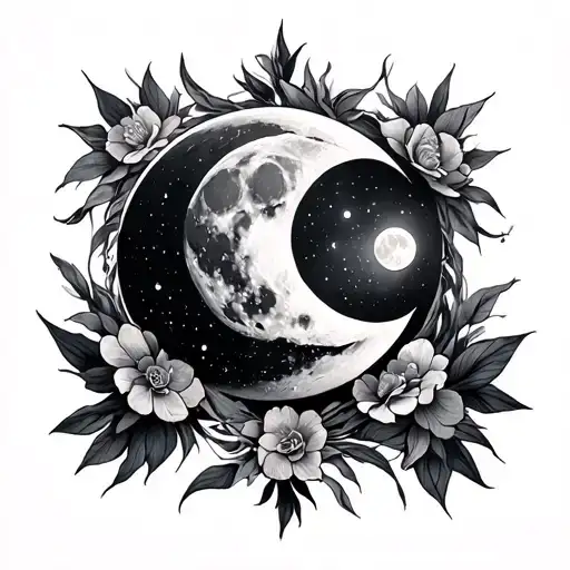 Three goddess moon (waxing crescent moon, full moon, waning cresscent moon). The full moon in the middle, is an ouroboro tattoo design idea