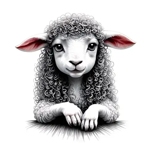 little sad lamb on hand curly woman in dress tattoo design idea