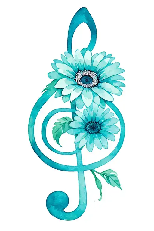 treble clef with teal gerbera daisy flower tattoo design idea
