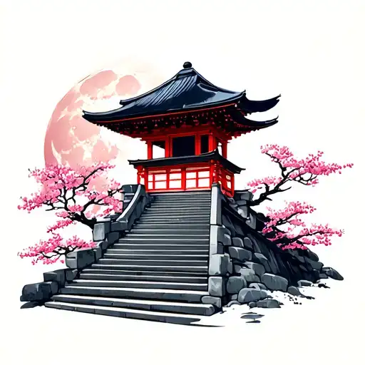 japanese temple on top of a stairs, with the moon shining behind it bttom stairs trail of cherry tree ronin facin temple tattoo design idea