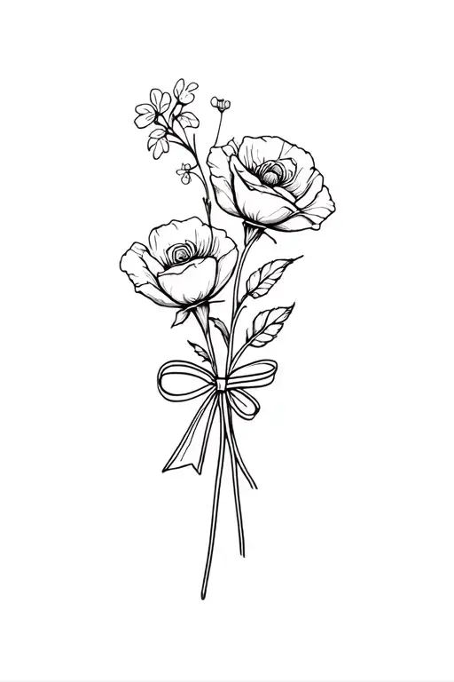 fine line Rose flower , forget me not flower and Poppy single flower, in a bouqet with a bow minimalstic and small tattoo design idea