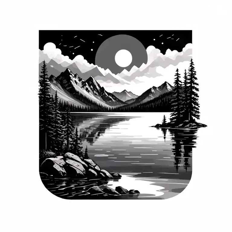 Geometric linework tattoo of mountains, lake, and trees with a subtle semicolon in the water reflection. tattoo design idea