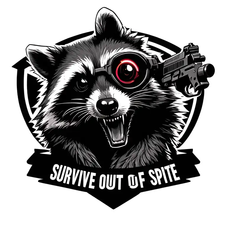 tactical raccoon with infrared goggles over one eye, and guns looking sinister, with the words "survive out of spite" tattoo design idea