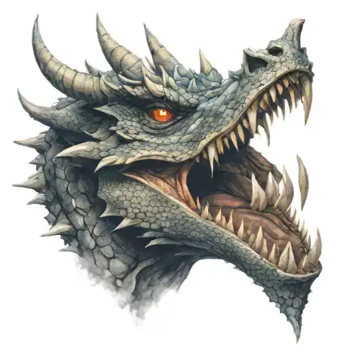 Samauri lunging a sword into the mouth of a dragon as the dragon breathes fire  tattoo design idea